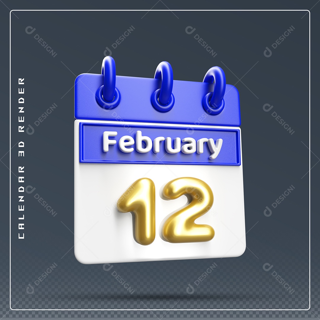 Calendário Do mês Fevereiro Dia 12 Elemento 3D Azul Dourado E Branco Para Composição PSD