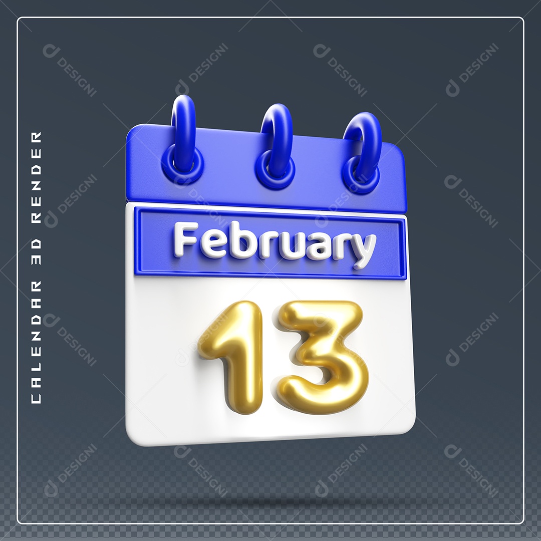 Calendário Do mês Fevereiro Dia 13 Elemento 3D Azul Dourado E Branco Para Composição PSD