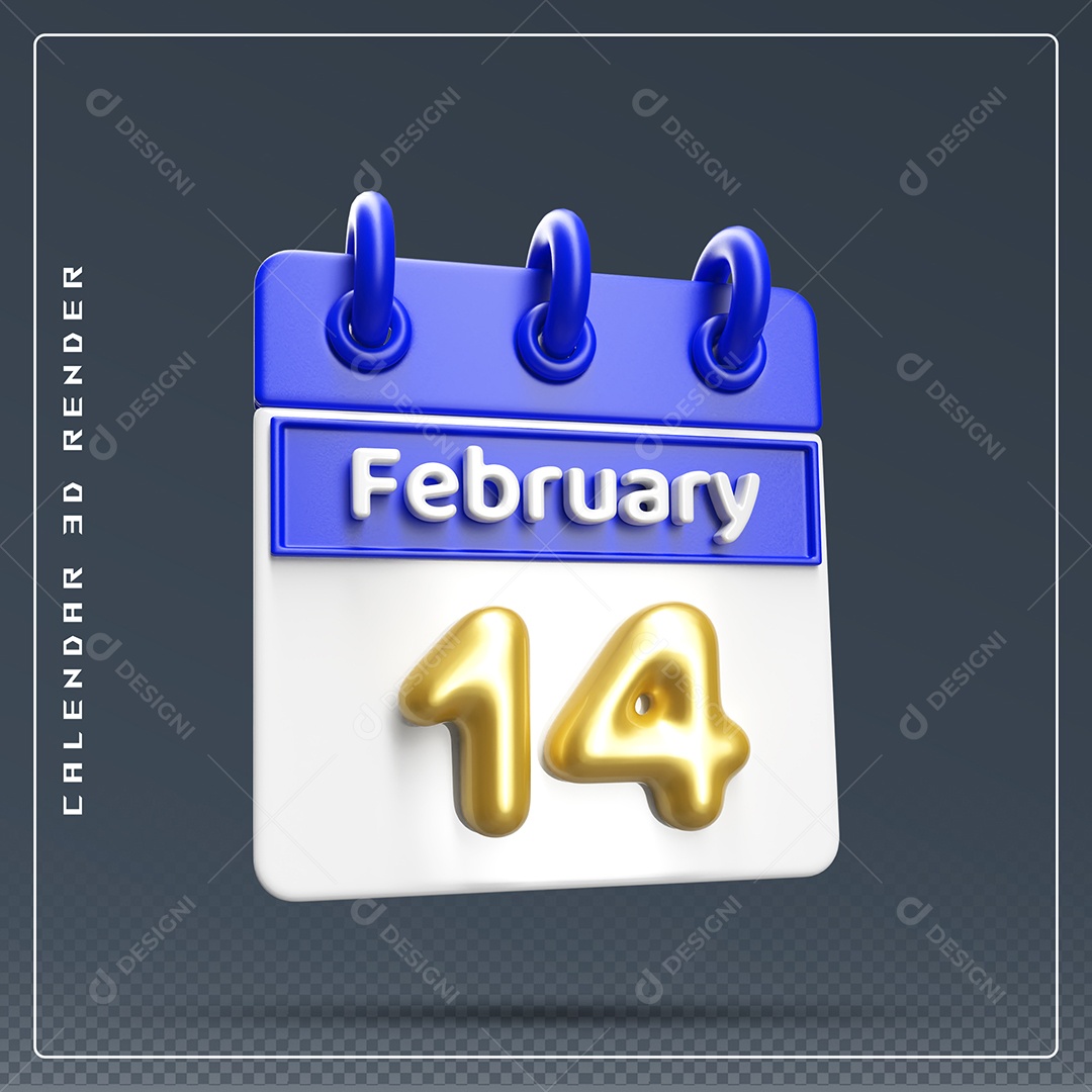 Calendário Do mês Fevereiro Dia 14 Elemento 3D Azul Dourado E Branco Para Composição PSD