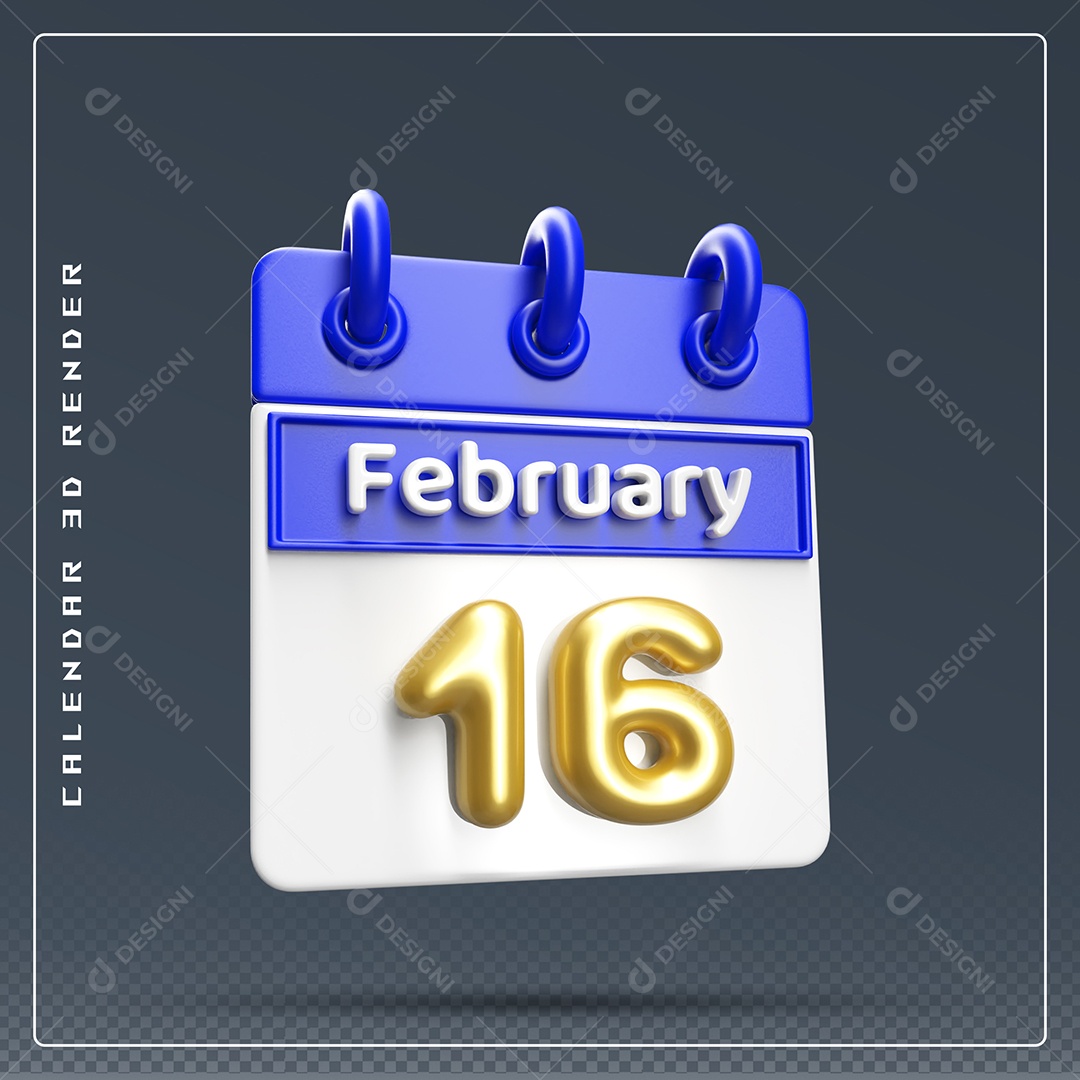Calendário Do mês Fevereiro Dia 16 Elemento 3D Azul Dourado E Branco Para Composição PSD