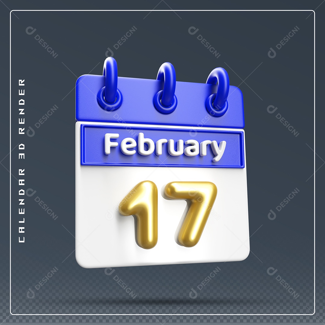 Calendário Do mês Fevereiro Dia 17 Elemento 3D Azul Dourado E Branco Para Composição PSD