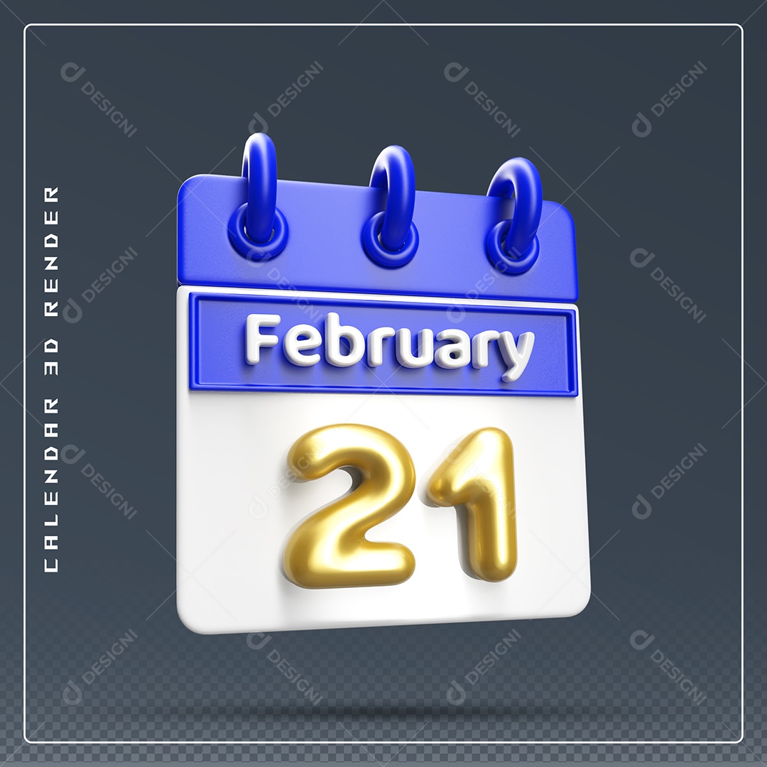 Calendário Do mês Fevereiro Dia 21 Elemento 3D Azul Dourado E Branco Para Composição PSD