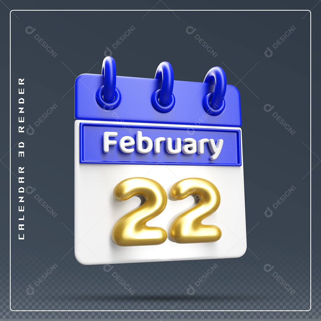 Calendário Do mês Fevereiro Dia 22 Elemento 3D Azul Dourado E Branco Para Composição PSD