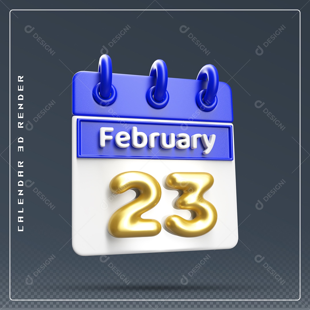 Calendário Do mês Fevereiro Dia 23 Elemento 3D Azul Dourado E Branco Para Composição PSD