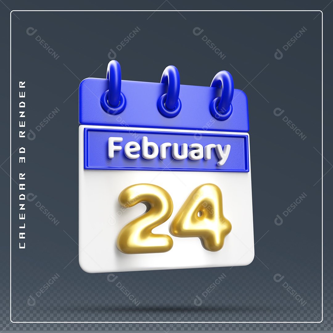 Calendário Do mês Fevereiro Dia 24 Elemento 3D Azul Dourado E Branco Para Composição PSD