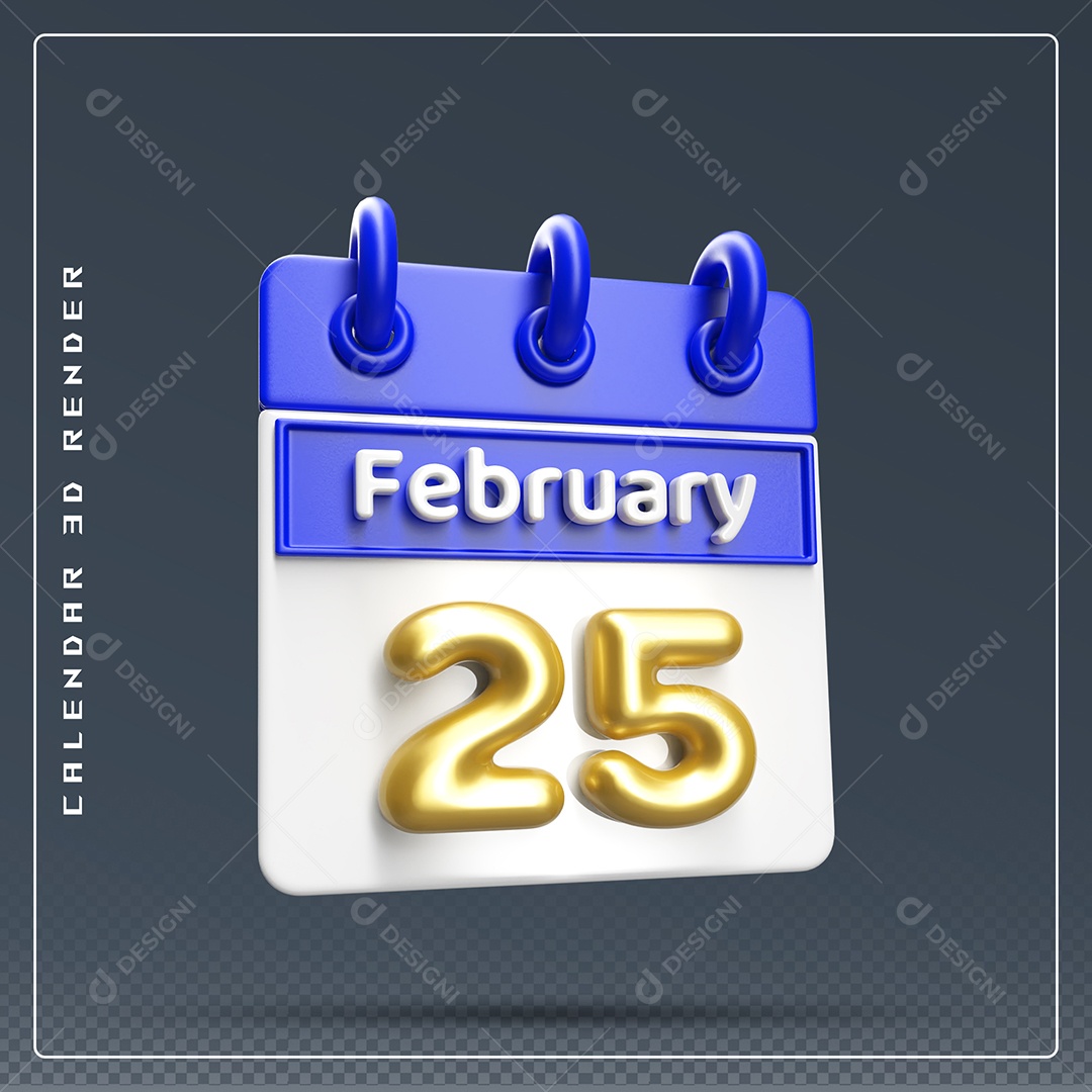 Calendário Do mês Fevereiro Dia 25 Elemento 3D Azul Dourado E Branco Para Composição PSD