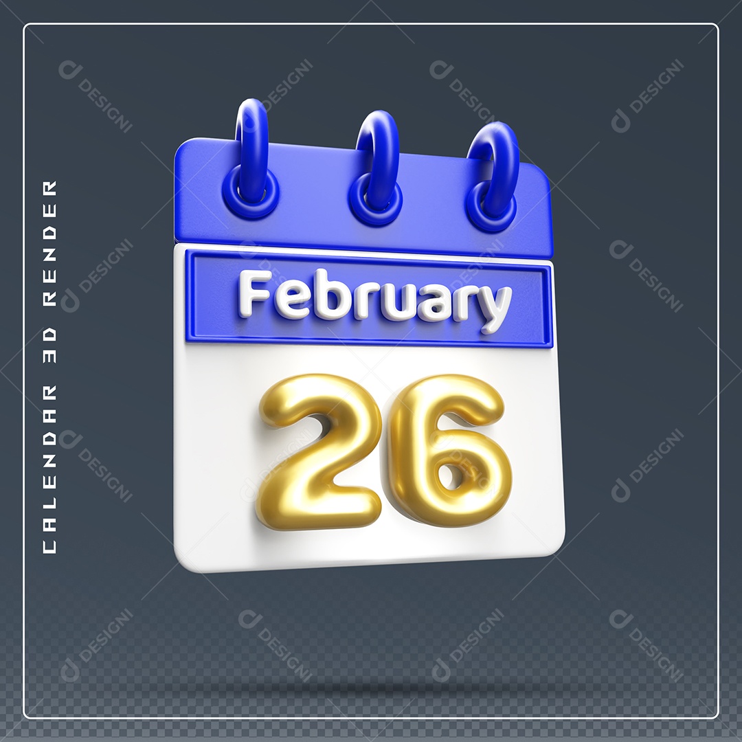 Calendário Do mês Fevereiro Dia 26 Elemento 3D Azul Dourado E Branco Para Composição PSD