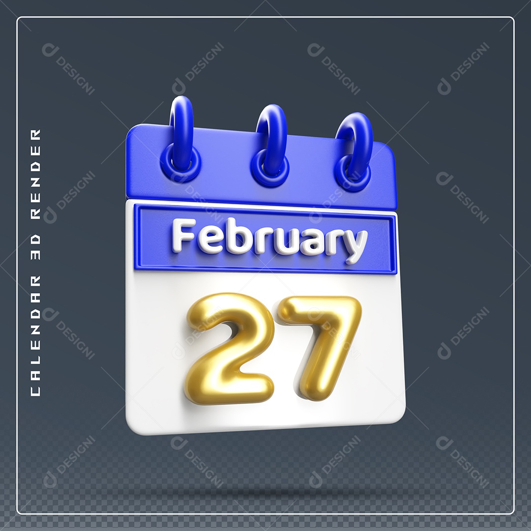 Calendário Do mês Fevereiro Dia 27 Elemento 3D Azul Dourado E Branco Para Composição PSD