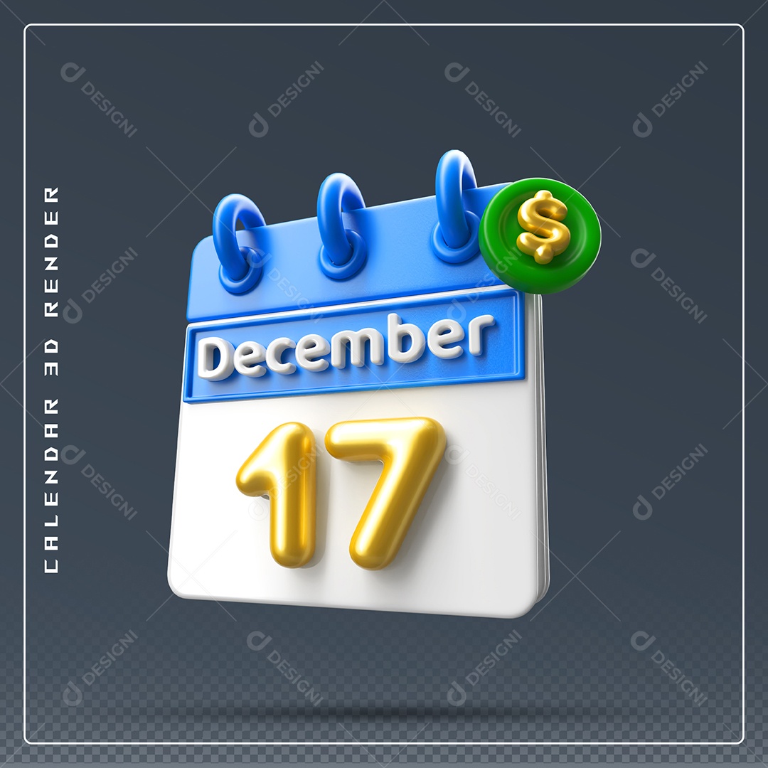Calendário Do mês De Dezembro Dia 17 Elemento 3D Azul Dourado E Branco Para Composição PSD