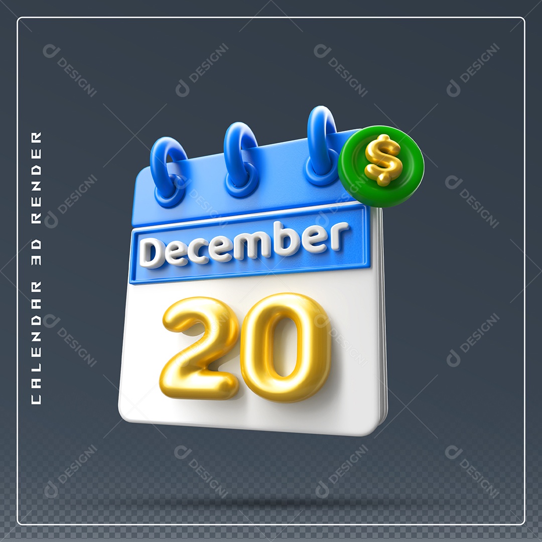 Calendário Do mês De Dezembro Dia 20 Elemento 3D Azul Dourado E Branco Para Composição PSD