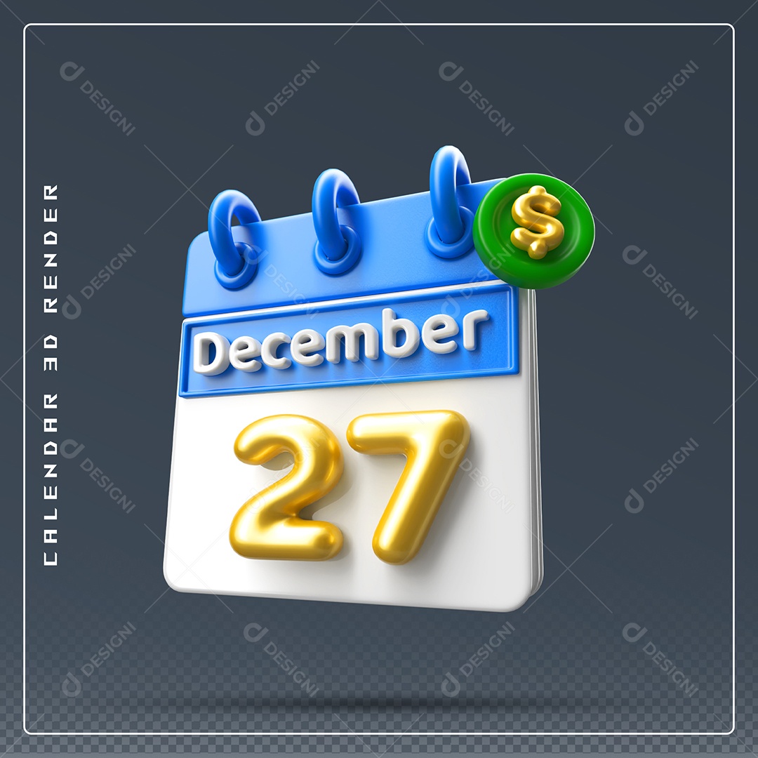 Calendário Do mês De Dezembro Dia 27 Elemento 3D Azul Dourado E Branco Para Composição PSD