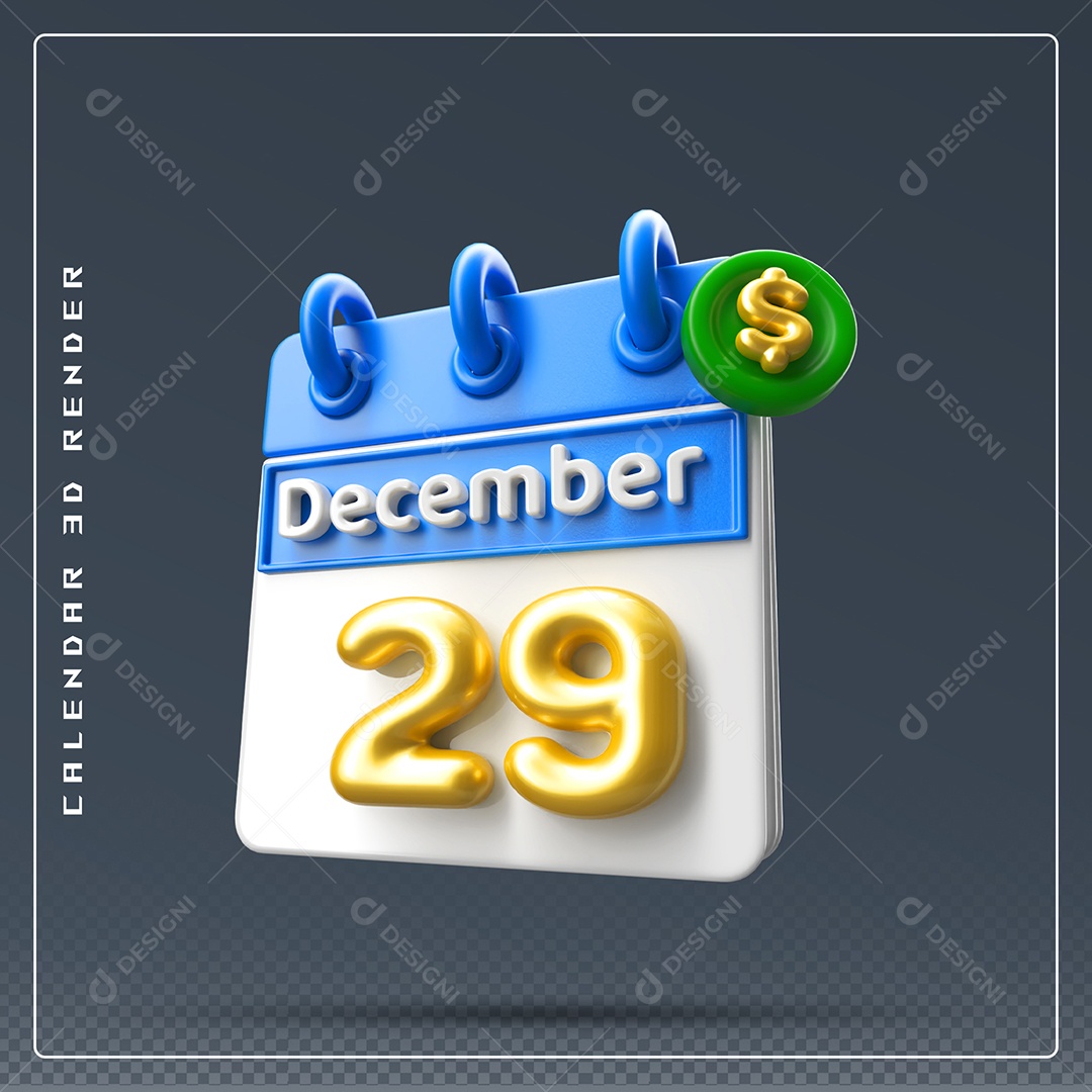 Calendário Do mês De Dezembro Dia 29 Elemento 3D Azul Dourado E Branco Para Composição PSD
