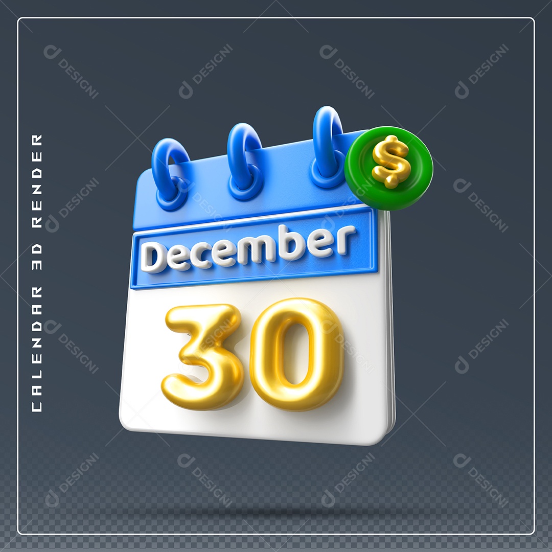 Calendário Do mês De Dezembro Dia 30 Elemento 3D Azul Dourado E Branco Para Composição PSD