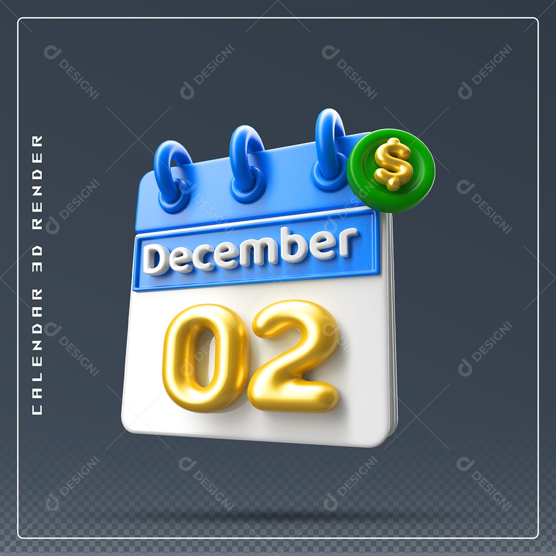 Calendário Do mês De Dezembro Dia 02 Elemento 3D Azul Dourado E Branco Para Composição PSD
