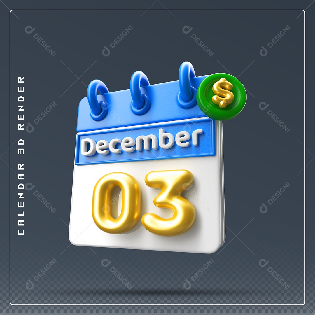Calendário Do mês De Dezembro Dia 03 Elemento 3D Azul Dourado E Branco Para Composição PSD