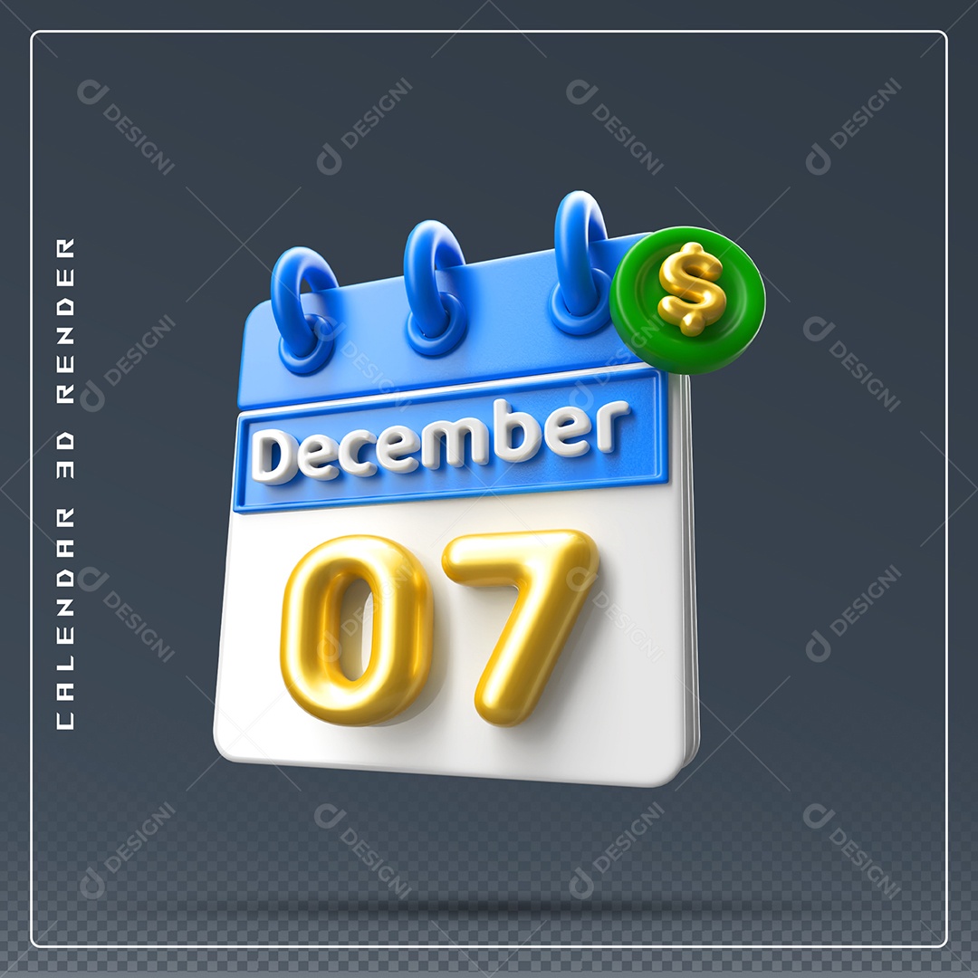 Calendário Do mês De Dezembro Dia 07 Elemento 3D Azul Dourado E Branco Para Composição PSD