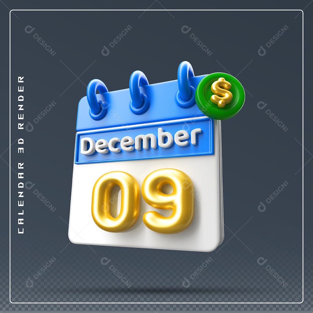 Calendário Do mês De Dezembro Dia 09 Elemento 3D Azul Dourado E Branco Para Composição PSD