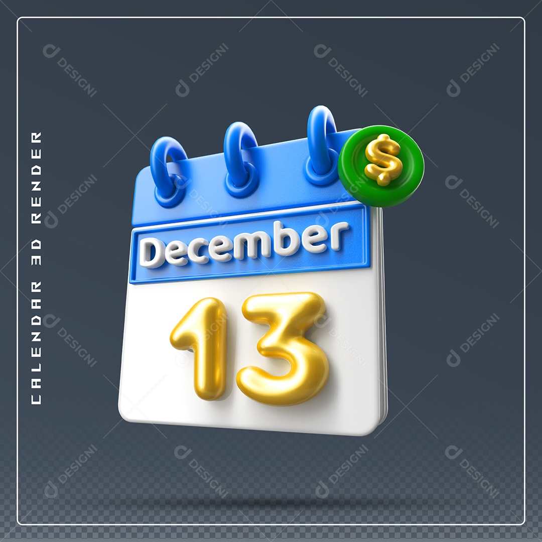 Calendário Do mês De Dezembro Dia 13 Elemento 3D Azul Dourado E Branco Para Composição PSD