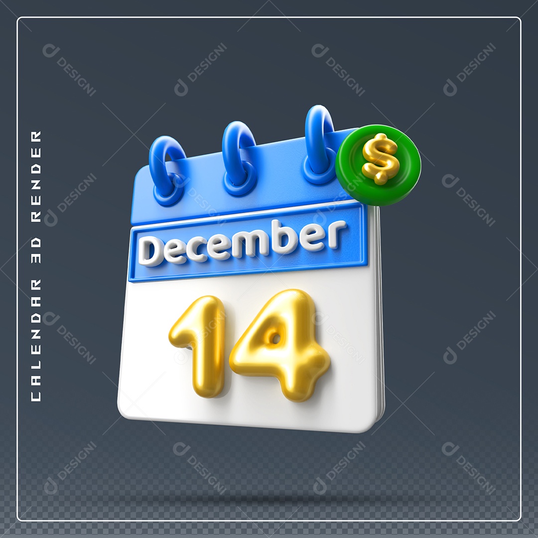 Calendário Do mês De Dezembro Dia 14 Elemento 3D Azul Dourado E Branco Para Composição PSD