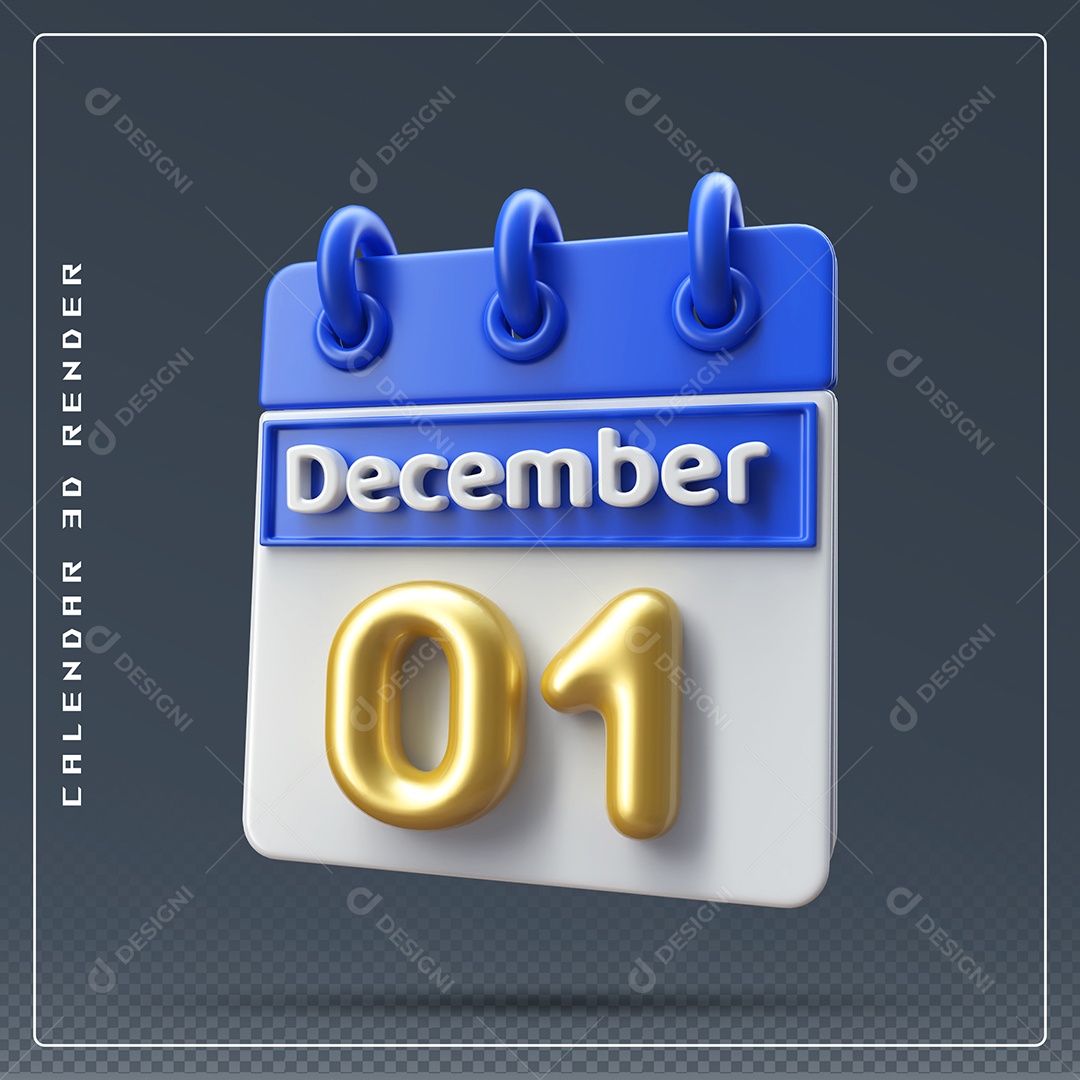 Calendário Do mês De Dezembro Dia 01 Elemento 3D Azul Dourado E Branco Para Composição PSD