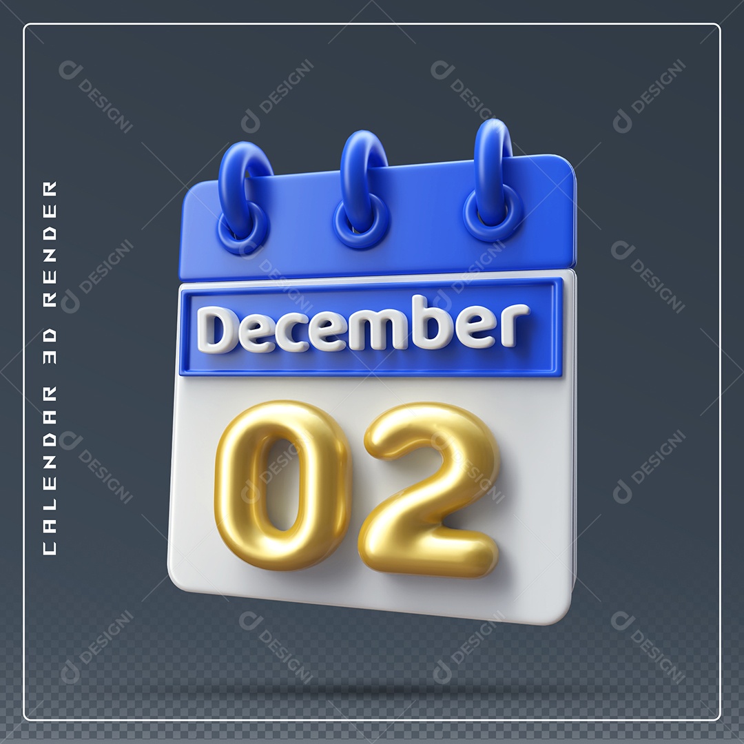Calendário Do mês De Dezembro Dia 02 Elemento 3D Azul Dourado E Branco Para Composição PSD