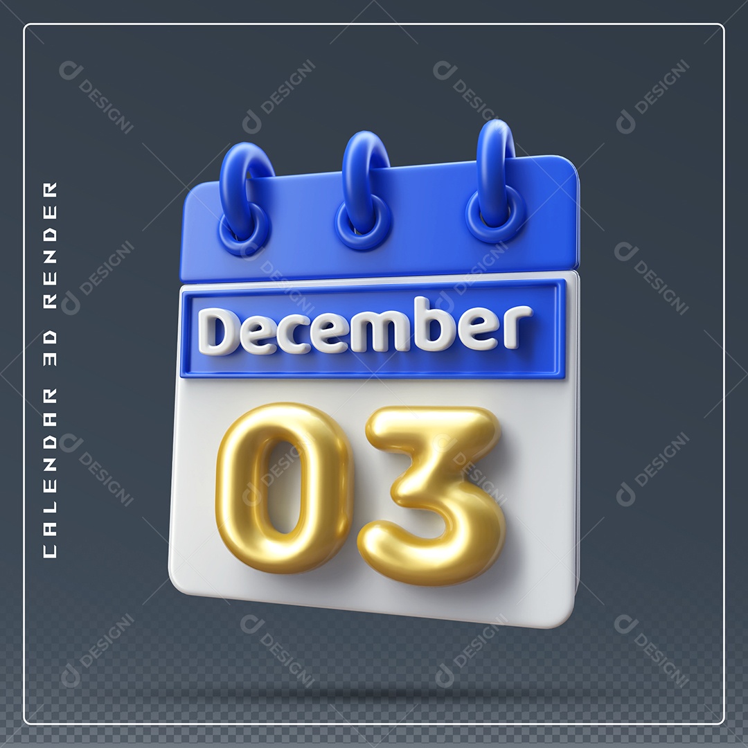 Calendário Do mês De Dezembro Dia 03 Elemento 3D Azul Dourado E Branco Para Composição PSD