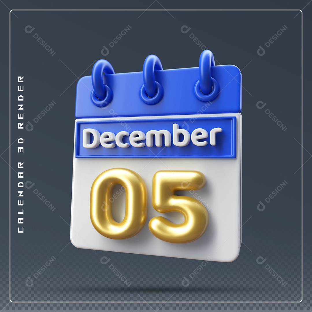 Calendário Do mês De Dezembro Dia 05 Elemento 3D Azul Dourado E Branco Para Composição PSD