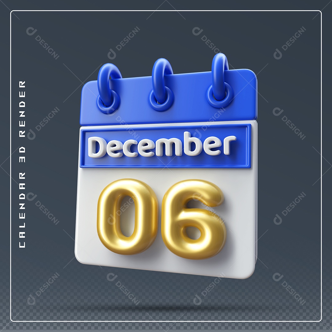 Calendário Do mês De Dezembro Dia 06 Elemento 3D Azul Dourado E Branco Para Composição PSD
