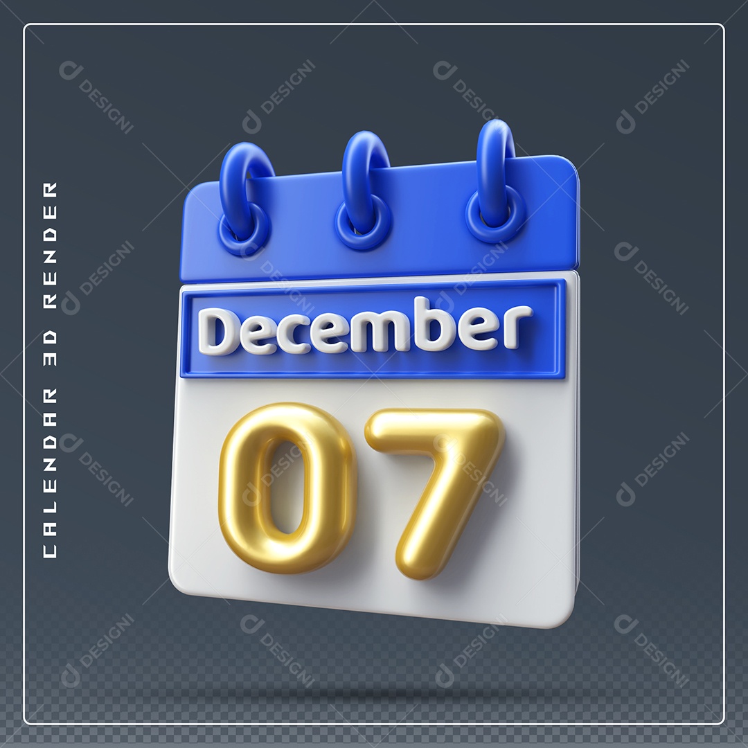 Calendário Do mês De Dezembro Dia 07 Elemento 3D Azul Dourado E Branco Para Composição PSD