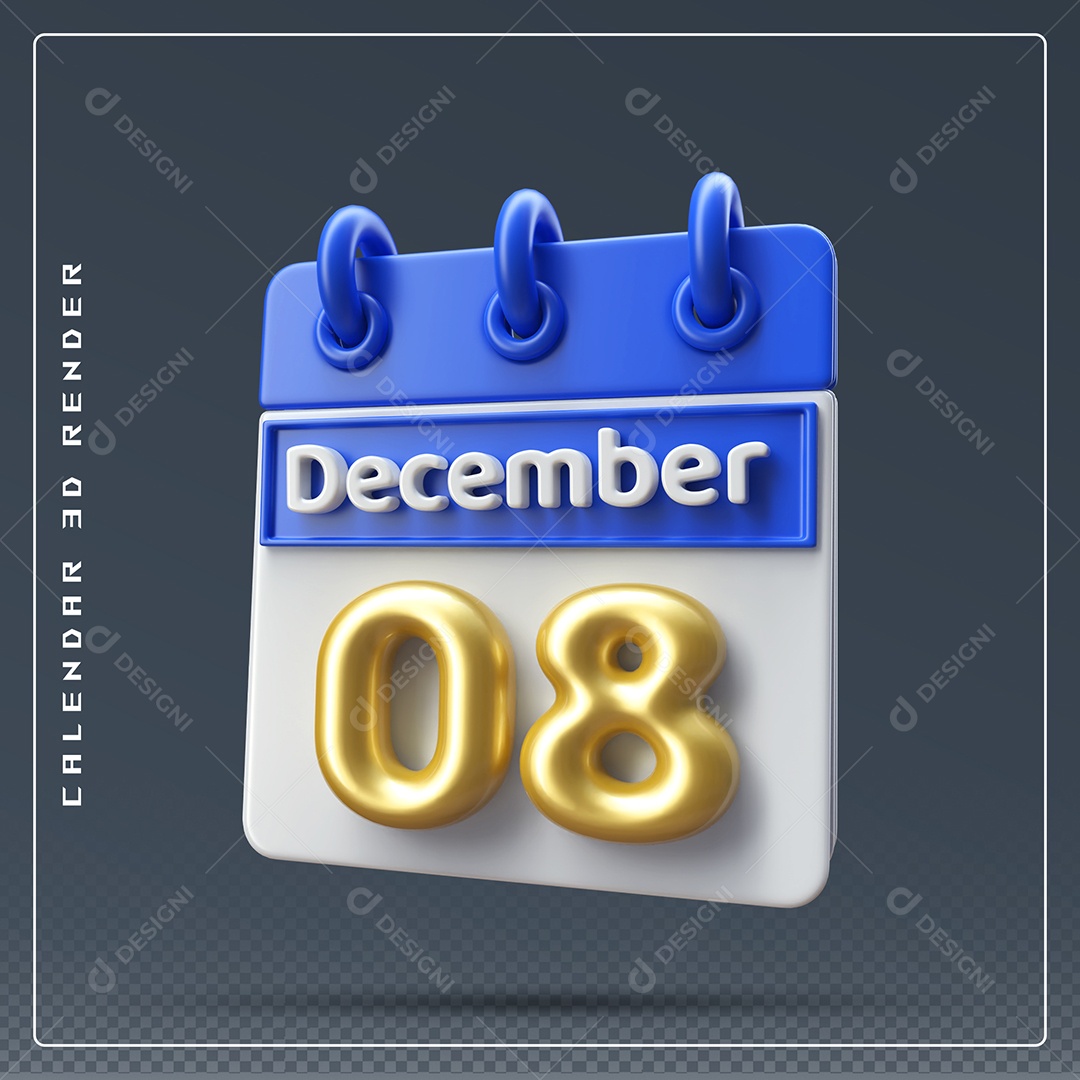 Calendário Do mês De Dezembro Dia 08 Elemento 3D Azul Dourado E Branco Para Composição PSD