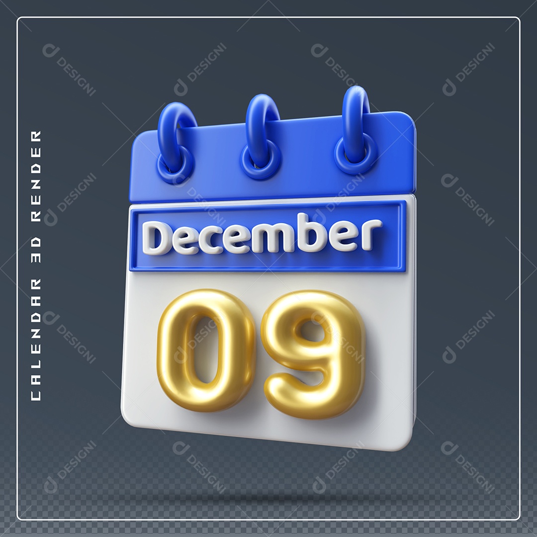 Calendário Do mês De Dezembro Dia 09 Elemento 3D Azul Dourado E Branco Para Composição PSD