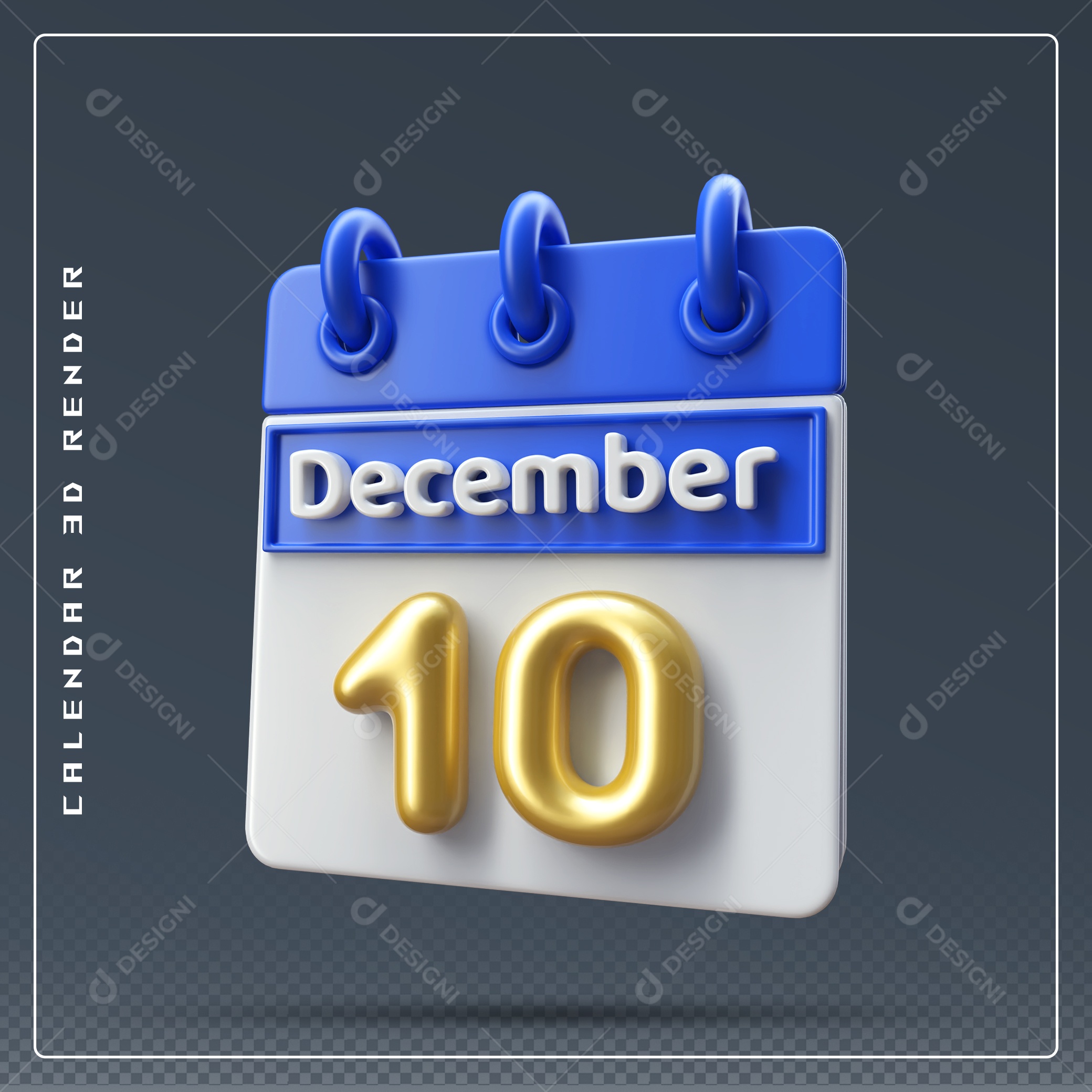 Calendário Do mês De Dezembro Dia 10 Elemento 3D Azul Dourado E Branco Para Composição PSD