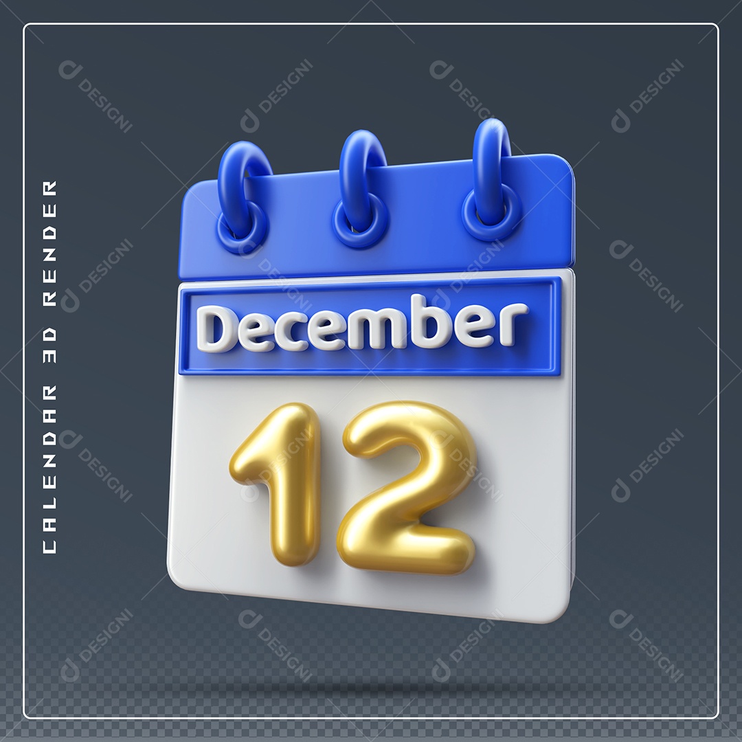 Calendário Do mês De Dezembro Dia 12 Elemento 3D Azul Dourado E Branco Para Composição PSD