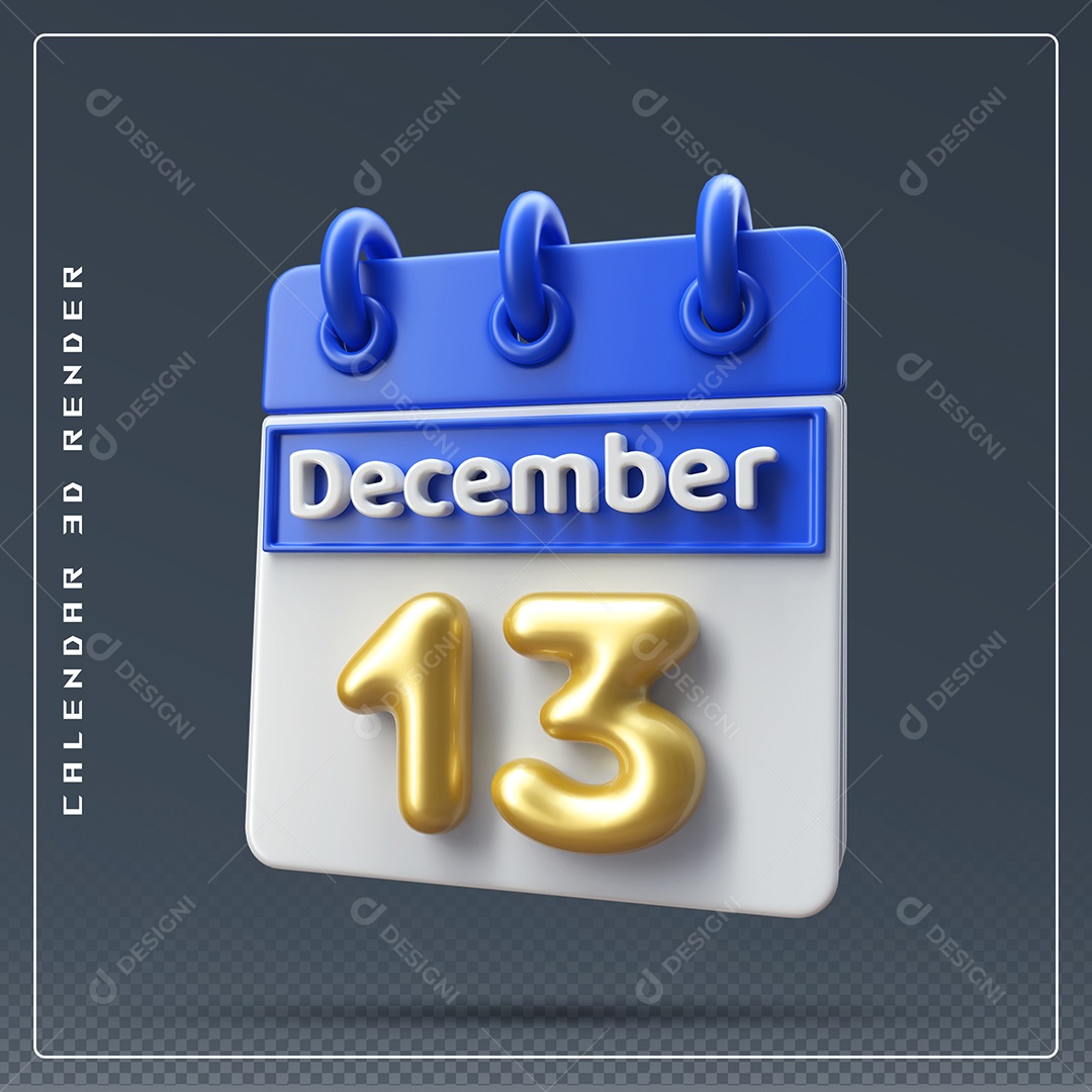 Calendário Do mês De Dezembro Dia 13 Elemento 3D Azul Dourado E Branco Para Composição PSD
