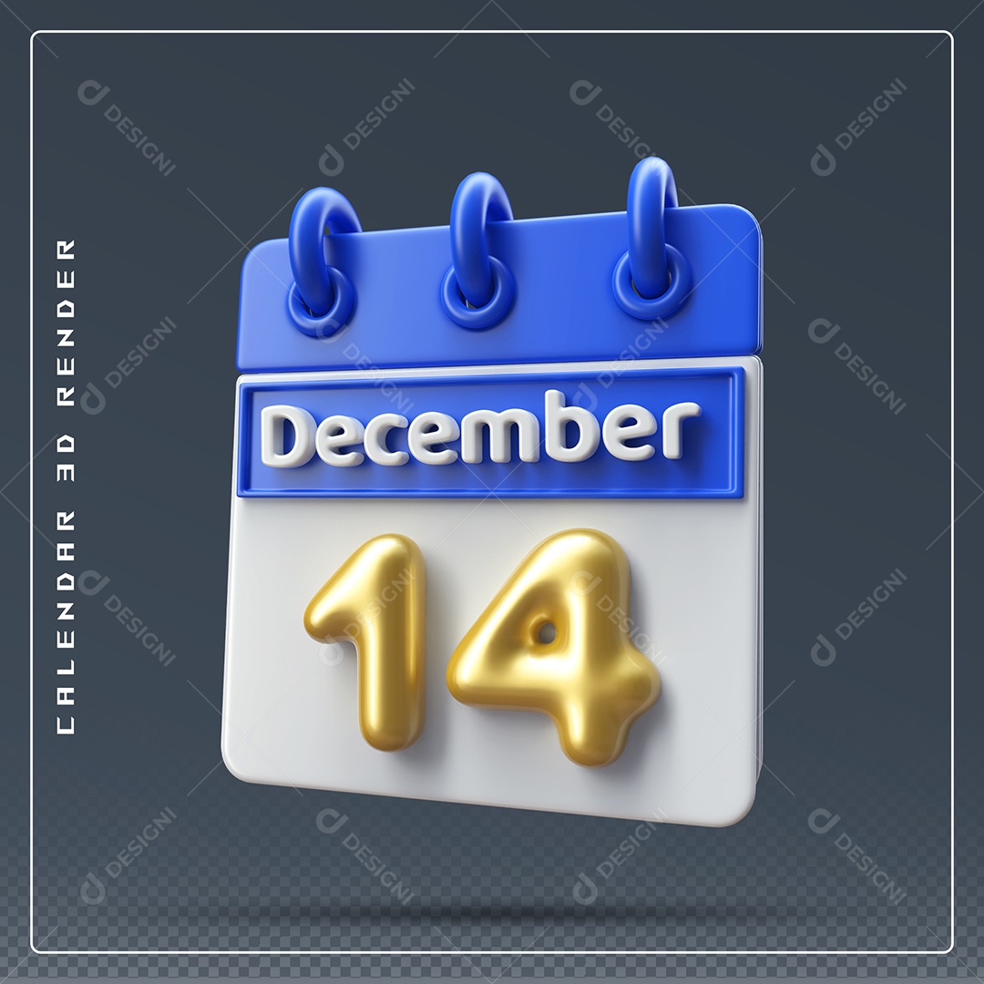 Calendário Do mês De Dezembro Dia 14 Elemento 3D Azul Dourado E Branco Para Composição PSD