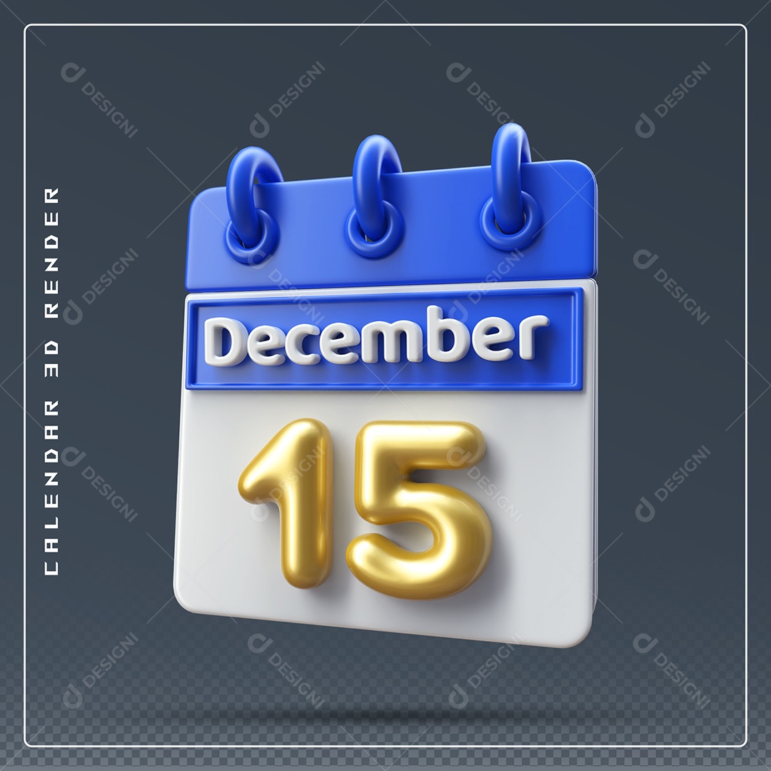 Calendário Do mês De Dezembro Dia 15 Elemento 3D Azul Dourado E Branco Para Composição PSD