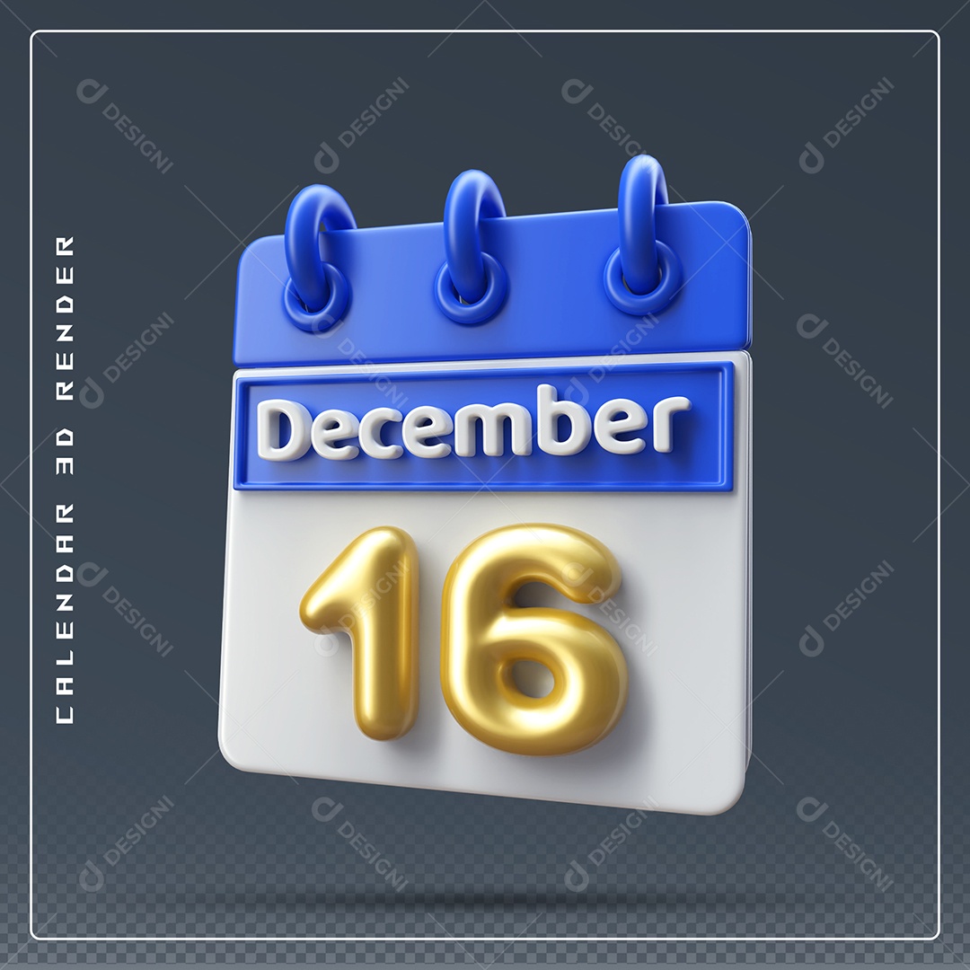 Calendário Do mês De Dezembro Dia 16 Elemento 3D Azul Dourado E Branco Para Composição PSD