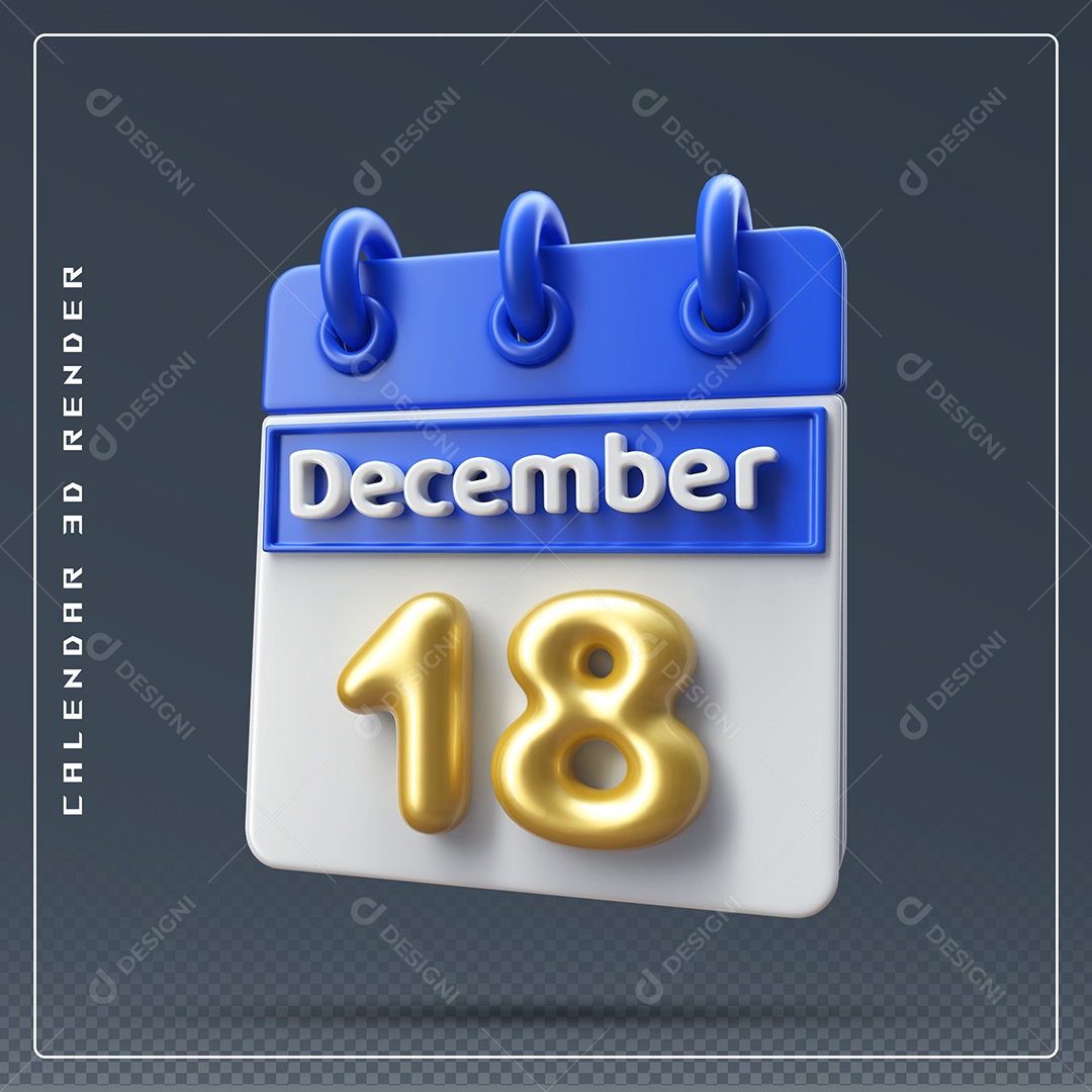 Calendário Do mês De Dezembro Dia 18 Elemento 3D Azul Dourado E Branco Para Composição PSD
