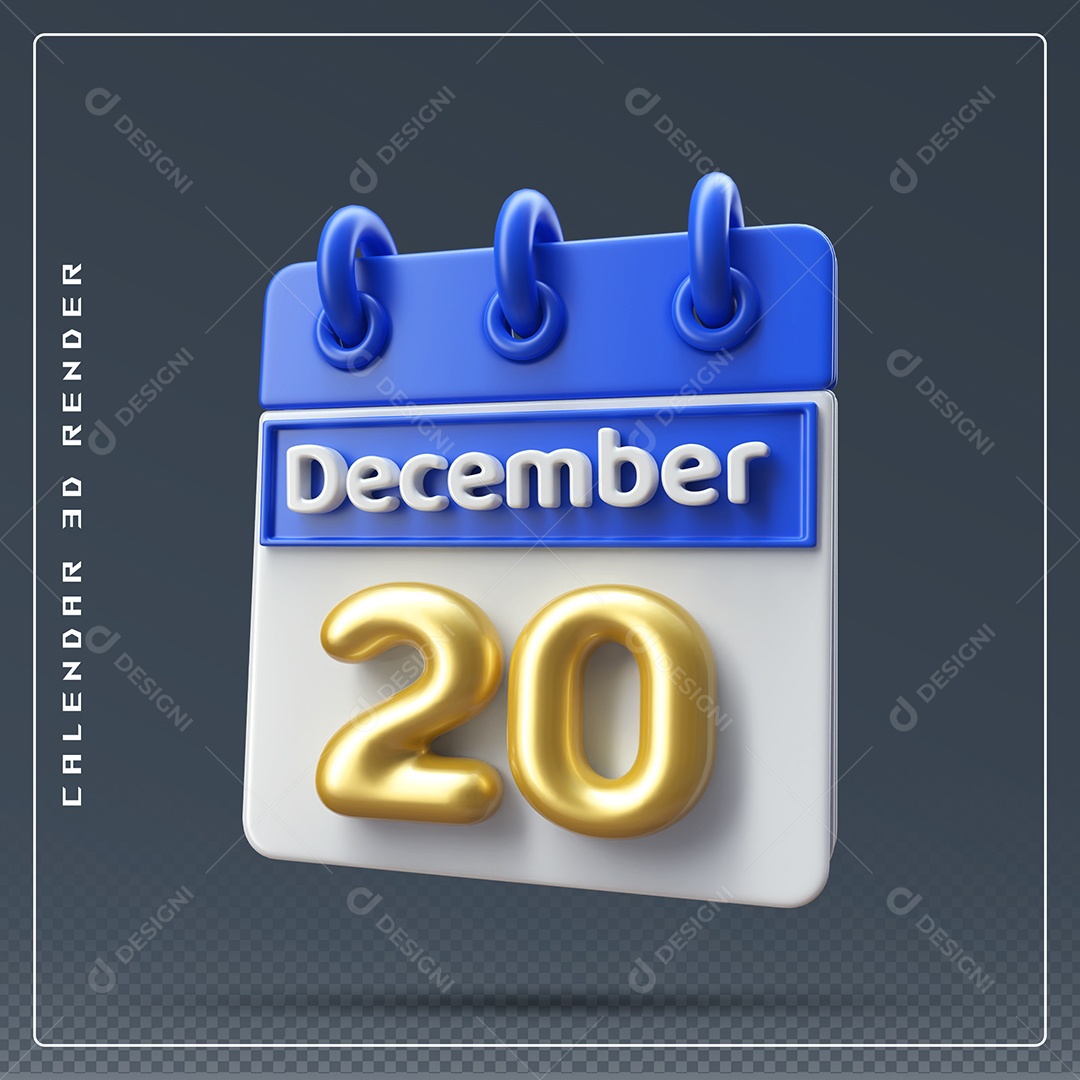 Calendário Do mês De Dezembro Dia 20 Elemento 3D Azul Dourado E Branco Para Composição PSD