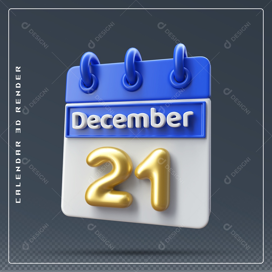 Calendário Do mês De Dezembro Dia 21 Elemento 3D Azul Dourado E Branco Para Composição PSD