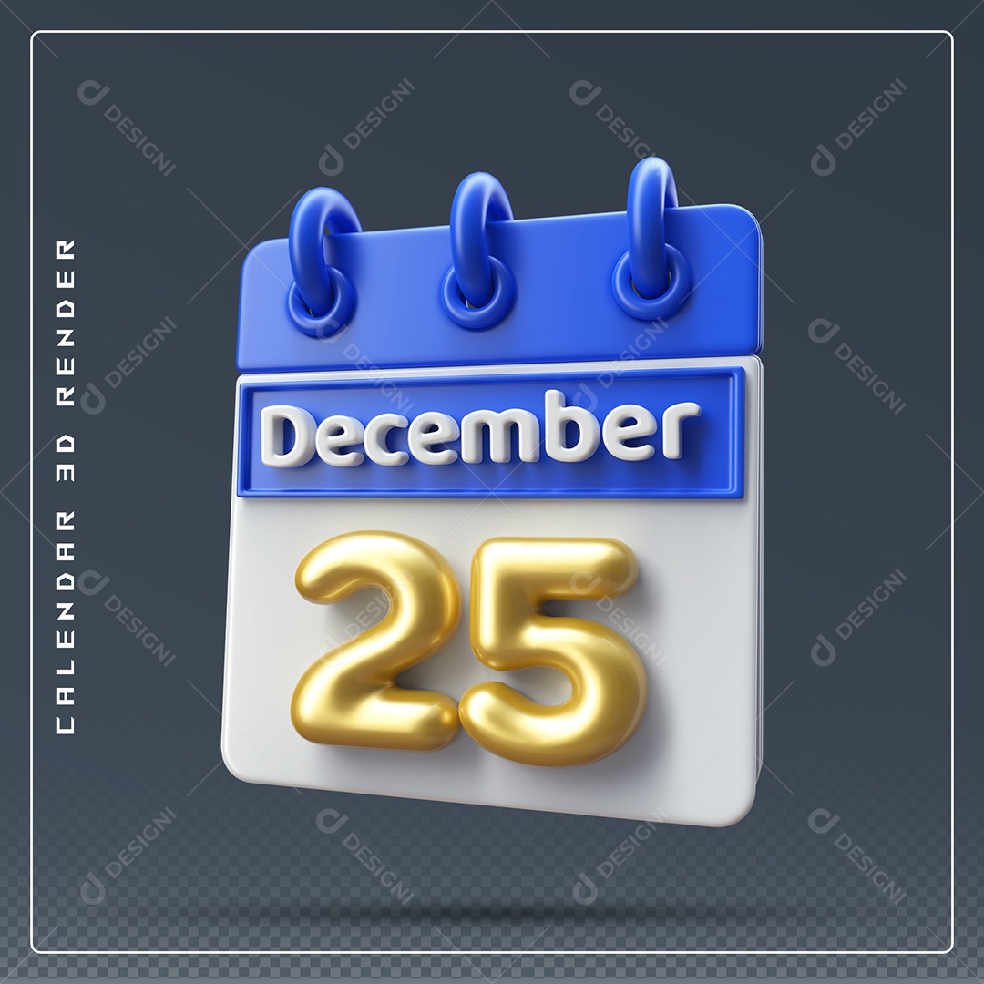 Calendário Do mês De Dezembro Dia 25 Elemento 3D Azul Dourado E Branco Para Composição PSD