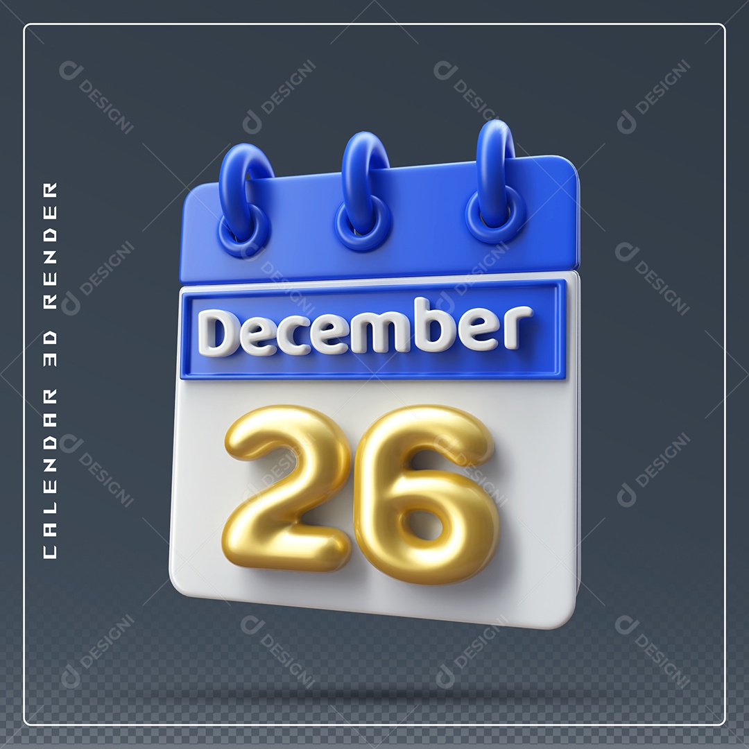 Calendário Do mês De Dezembro Dia 26 Elemento 3D Azul Dourado E Branco Para Composição PSD