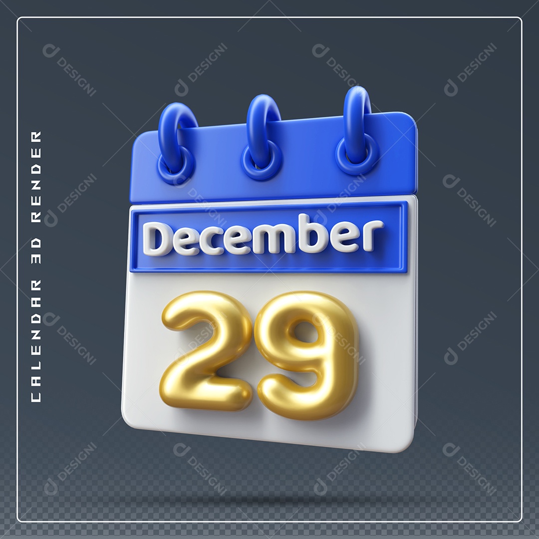 Calendário Do mês De Dezembro Dia 29 Elemento 3D Azul Dourado E Branco Para Composição PSD