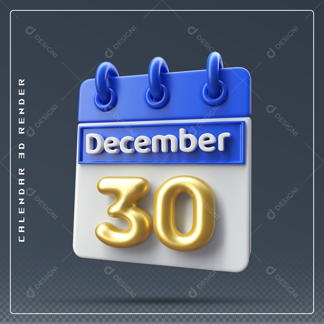 Calendário Do mês De Dezembro Dia 30 Elemento 3D Azul Dourado E Branco Para Composição PSD