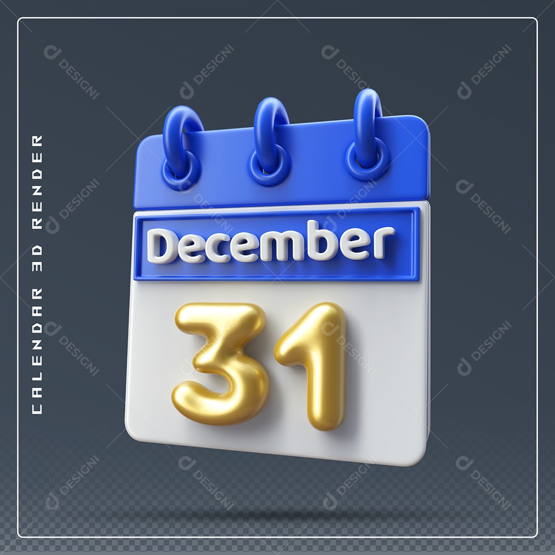 Calendário Do mês De Dezembro Dia 31 Elemento 3D Azul Dourado E Branco Para Composição PSD