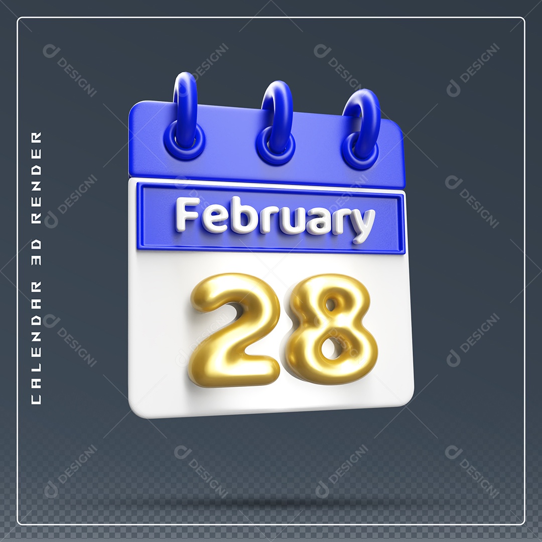 Calendário Do mês De Fevereiro Dia 28 Elemento 3D Azul Dourado E Branco Para Composição PSD