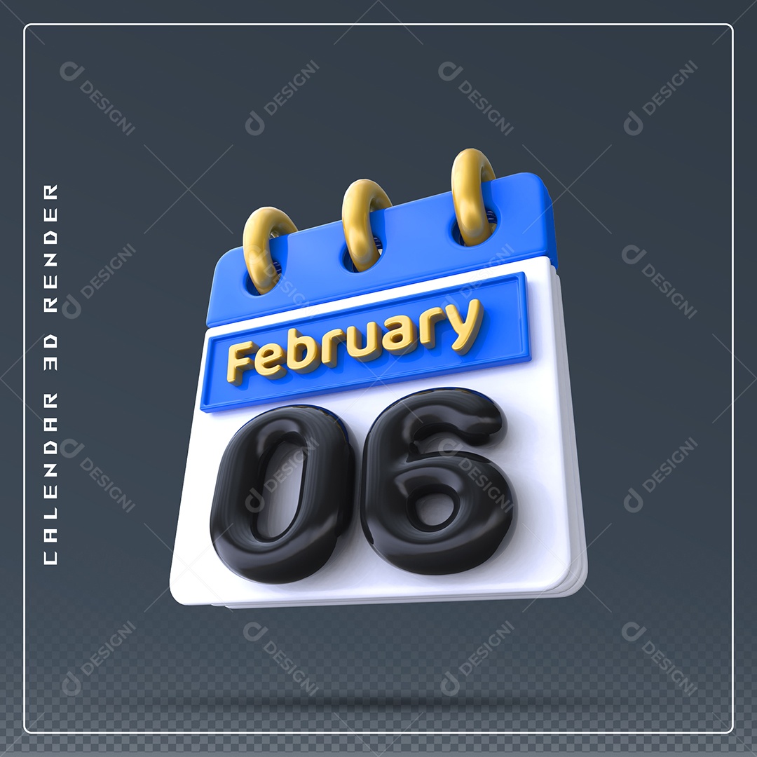 Calendário Do mês De Fevereiro Dia 06 Elemento 3D Azul Dourado Branco E Preto Para Composição PSD