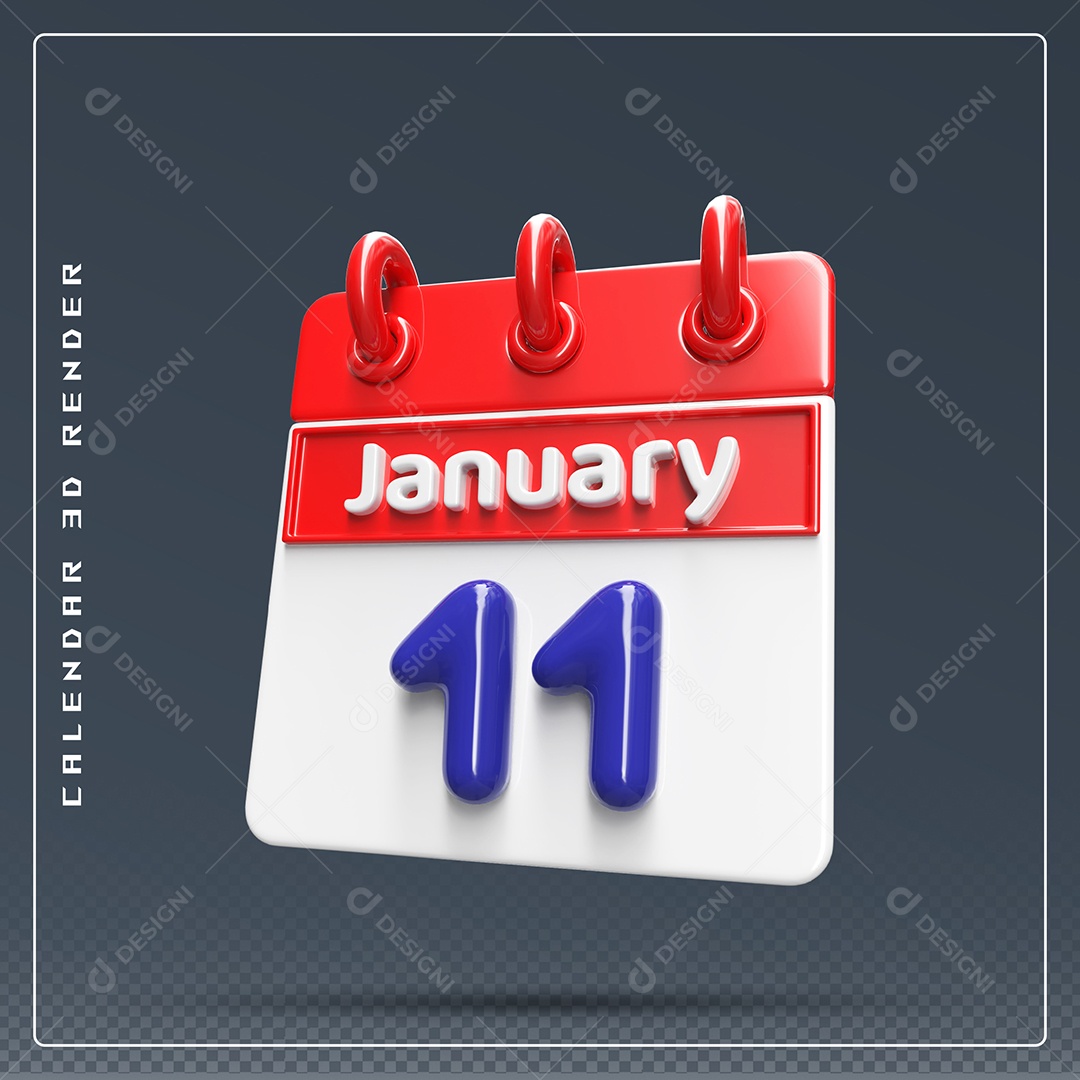 Calendário Do mês De Janeiro Dia 11 Elemento 3D Azul Vermelho E Branco Para Composição PSD