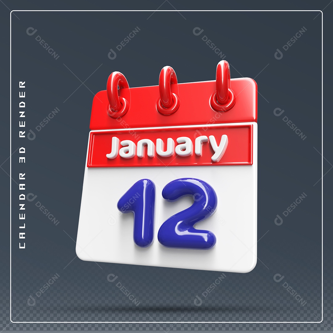 Calendário Do mês De Janeiro Dia 12 Elemento 3D Azul Vermelho E Branco Para Composição PSD