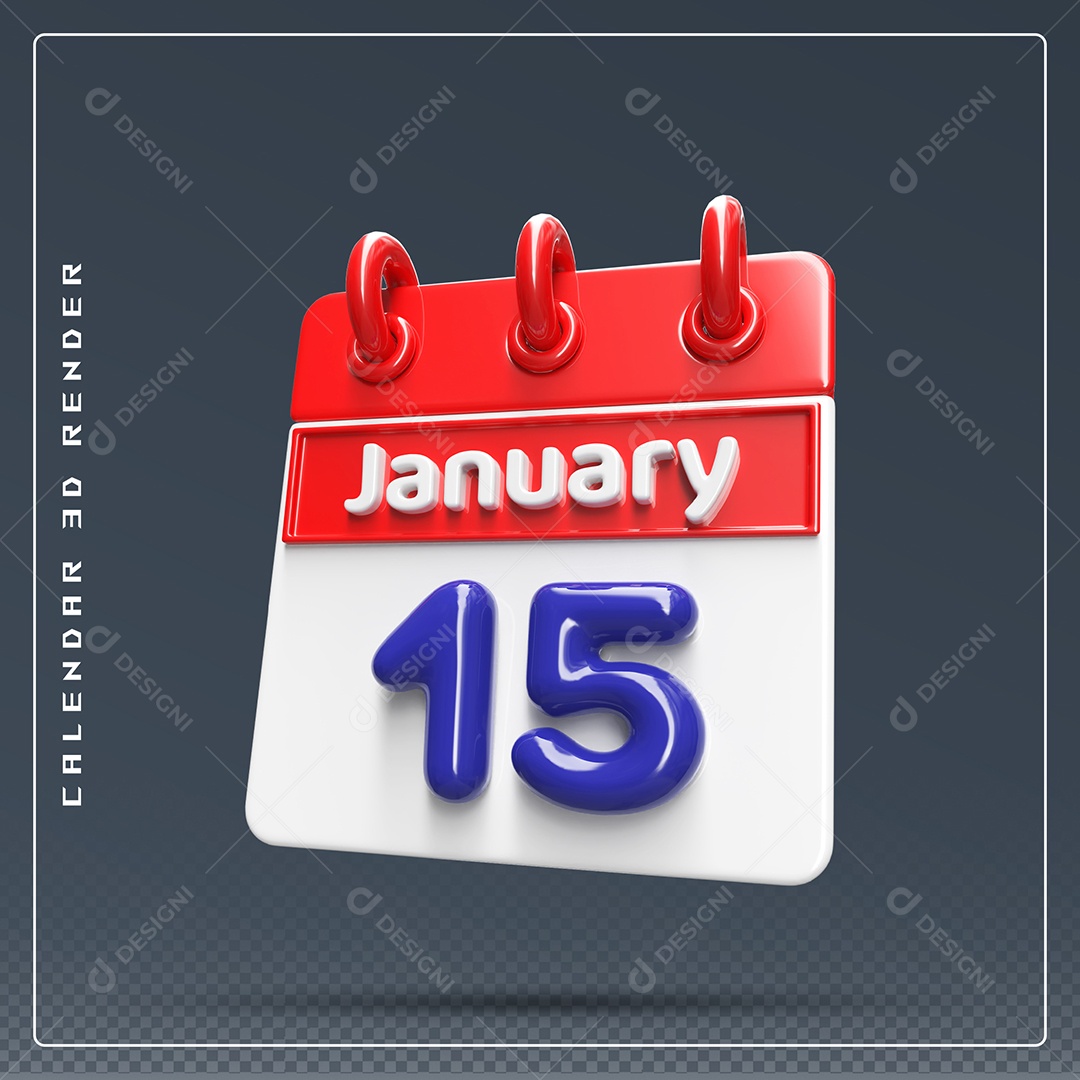 Calendário Do mês De Janeiro Dia 15 Elemento 3D Azul Vermelho E Branco Para Composição PSD